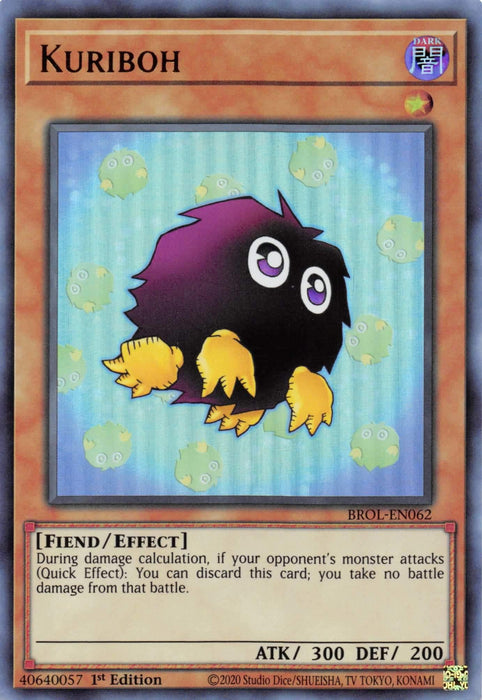 Image of a Yu-Gi-Oh! trading card featuring the Kuriboh [BROL-EN062] Ultra Rare by Yu-Gi-Oh!. Kuriboh is a small, round creature with brown fur, large eyes, and yellow claws. The card background is blue with stars and clouds. As an Ultra Rare from Brothers of Legend, its stats are ATK 300 and DEF 200. Card number BROL-EN062.