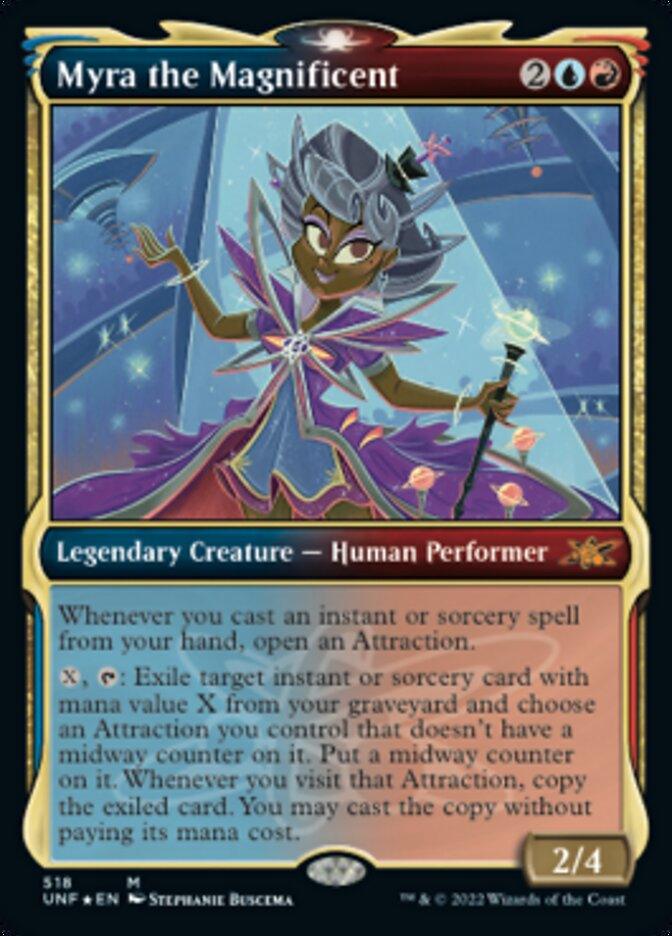 An illustrated Magic: The Gathering card named "Myra the Magnificent (Showcase) (Galaxy Foil) [Unfinity]" features a humanoid character in elaborate magical attire, casting spells. This mythic rarity card is a legendary creature-human performer, costing 2 blue and red mana with a power/toughness score of 2/4.