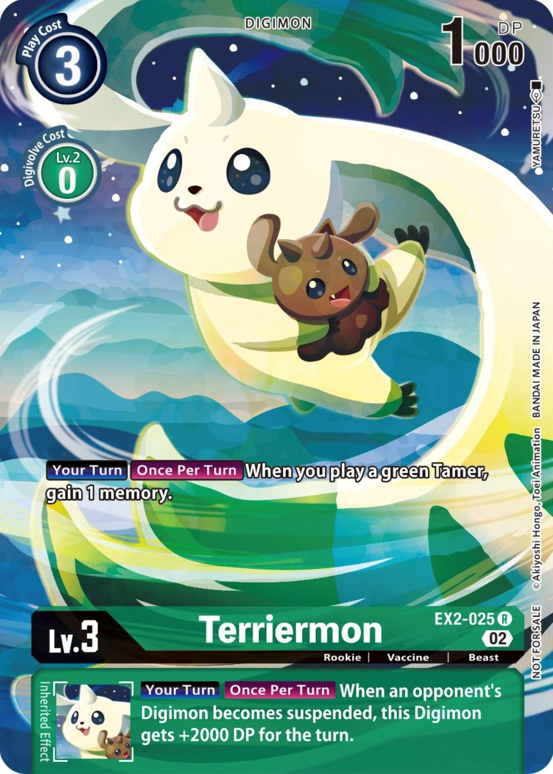 A Digimon card featuring Terriermon, a white and green rabbit-like creature with brown accents and long ears. This Rookie-level Digimon is carrying a brown creature. The card includes stats like Level 3, 1000 DP, 3 Play Cost, and abilities that affect the game when playing a green Tamer or when opponents' Digimon are suspended. The product name is Terriermon [EX2-025] (Digimon Illustration Competition Promotion Pack) [Digital Hazard Promos], under the brand name Digimon.