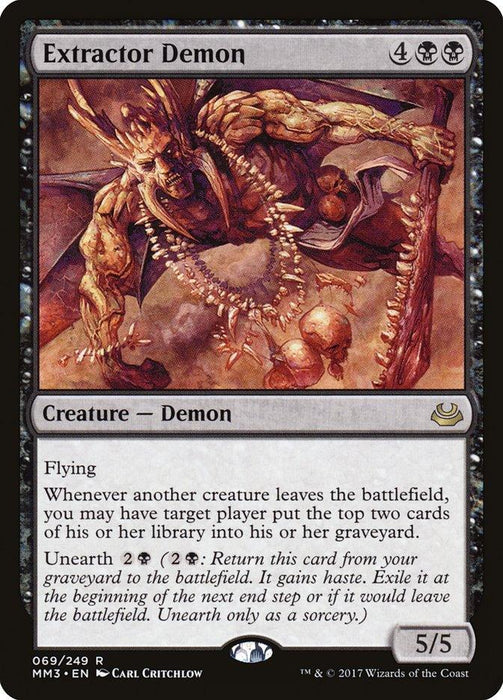 Card image of the rare "Extractor Demon [Modern Masters 2017]" from Magic: The Gathering. It depicts a winged, powerful Creature Demon with red skin and a muscular build, flying against a dark, ominous background. Text details its abilities: flying, making players discard cards when other creatures leave the battlefield, and Unearth for 2B.
