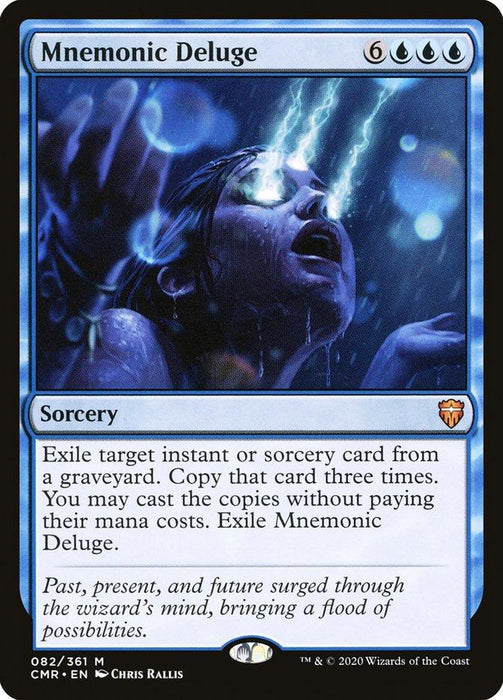 A "Mnemonic Deluge [Commander Legends]" Magic: The Gathering card from the Commander Legends set depicts a person with their head tilted back, eyes closed, and blue lightning emanating from their eyes and mouth as water pours down on them. This mythic rarity Sorcery costs 6 colorless and 3 blue mana, featuring a description and flavor text.