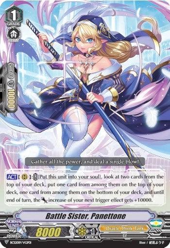 An illustration of the Vanguard card "Battle Sister, Panettone (BCS 2019)," a Promo Rare from the Oracle Think Tank clan, released as part of Bushiroad Event Cards. The character depicted is a young woman in a flowing purple and white outfit, holding a staff and surrounded by a magical aura. The card features stats, abilities, and text including: "Gather all the power, and deal a single blow!