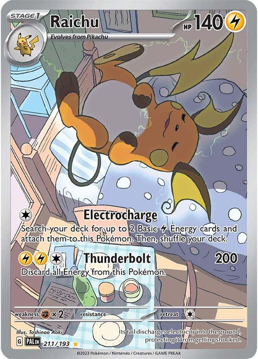 A Pokémon card depicting Raichu (211/193) [Scarlet & Violet: Paldea Evolved], a yellow electric-type Pokémon with long ears and a tail shaped like a lightning bolt. It has 140 HP. This Scarlet & Violet Illustration Rare includes two moves: Electrocharge and Thunderbolt. The background shows Raichu joyfully stretching in a cozy room filled with pillows and floating bubbles, from the brand Pokémon.
