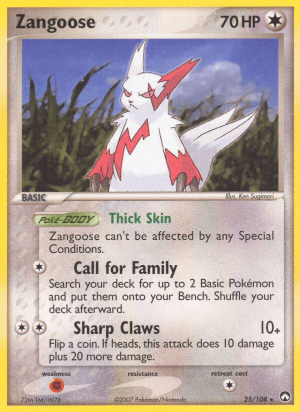 Zangoose (25/108) [EX: Power Keepers] featuring a white, ferret-like creature with red markings and sharp claws. This rare card shows 70 HP, with abilities 