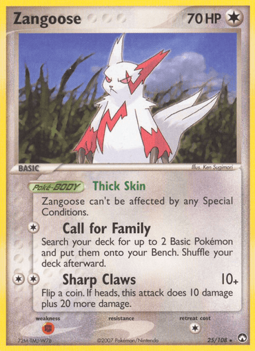 Zangoose (25/108) [EX: Power Keepers] featuring a white, ferret-like creature with red markings and sharp claws. This rare card shows 70 HP, with abilities "Thick Skin," "Call for Family," and "Sharp Claws." Part of the Pokémon EX: Power Keepers series, the background is a sky with clouds. Artist credit is displayed at the bottom.