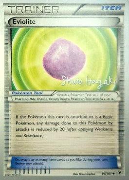 An Uncommon Pokémon trading card for the Item named Eviolite (91/101) (Terraki-Mewtwo - Shuto Itagaki) [World Championships 2012], featuring a glowing purple stone. The card text states it reduces damage by 20 if the attached Pokémon is basic. Part of the Black Star Promo series, marked as 96/101 and illustrated by Shinji Higaki. A unique piece from the World Championships 2012 collection.