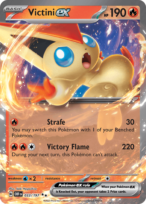 A Pokémon Victini ex (033/197) [Scarlet & Violet: Obsidian Flames] from Scarlet & Violet: Obsidian Flames featuring Victini ex. This Double Rare card has a fire-type symbol and 190 HP. Victini is depicted in animated style, surrounded by flames. It features two attacks: "Strafe" with 30 damage and "Victory Flame" with 220 damage but a drawback. Illustrated by Saki Hayashiro.