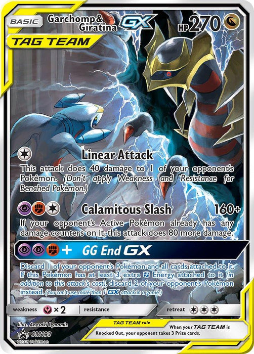 A Pokémon trading card from the Sun & Moon series features Garchomp and Giratina in a dynamic battle pose. This Garchomp & Giratina GX (SM193) [Sun & Moon: Black Star Promos] edition displays their combined attacks "Linear Attack" and "Calamitous Slash," along with the GX move "GG End GX." The duo stands amidst electric and dark energy, representing their powerful synergy.