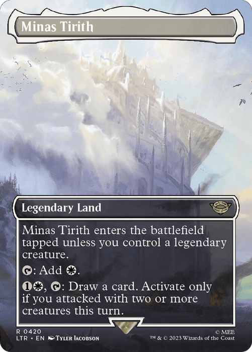 A rare Magic: The Gathering card named "Minas Tirith (Borderless Alternate Art) (420) [The Lord of the Rings: Tales of Middle-Earth]." This Legendary Land features an illustration by Tyler Jacobson of a grand, white city built into a mountainside. It has abilities to produce white mana and draw a card under certain conditions.