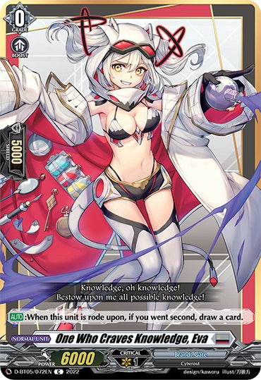 A trading card titled "One Who Craves Knowledge, Eva (D-BT05/072EN) [Triumphant Return of the Brave Heroes]" from Bushiroad's Brandt Gate setting. The card features Eva, a Cyberoid, in a dynamic pose wearing a futuristic white and red outfit. It includes attributes such as "6000," "Grade 0," "Boost," and contains a skill description about drawing a card.