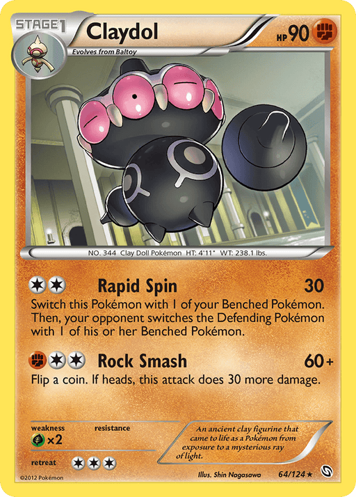 Image of a Rare Claydol (64/124) [Black & White: Dragons Exalted] Pokémon card. Claydol, a black and pink spherical creature with multiple arms, is depicted against a green and yellow background. The card shows Claydol's stats: 90 HP, Psychic type, moves Rapid Spin and Rock Smash, plus resistance, weakness, retreat cost, and flavor text.