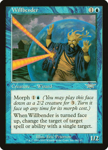 The Magic: The Gathering card "Willbender [Legions]" showcases a Human Wizard casting a spell to redirect an attack using magical energy. This blue-bordered card emphasizes its Morph ability, enabling you to change the target of a spell or ability.