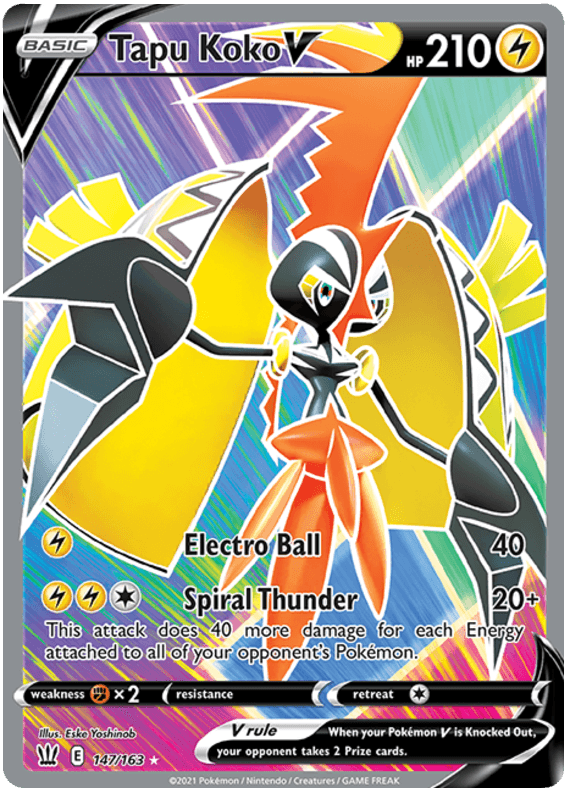 A digital image of the Tapu Koko V (147/163) [Sword & Shield: Battle Styles] Pokémon card. Tapu Koko, a yellow and black Electric-type Pokémon, is depicted with wings spread wide, surrounded by lightning sparks. The ultra-rare card features 