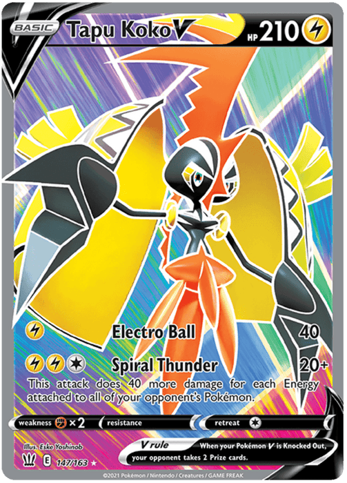 A digital image of the Tapu Koko V (147/163) [Sword & Shield: Battle Styles] Pokémon card. Tapu Koko, a yellow and black Electric-type Pokémon, is depicted with wings spread wide, surrounded by lightning sparks. The ultra-rare card features "Electro Ball" and "Spiral Thunder" attacks with 210 HP and is marked as 147/163 from the Sword & Shield: Battle Styles set.