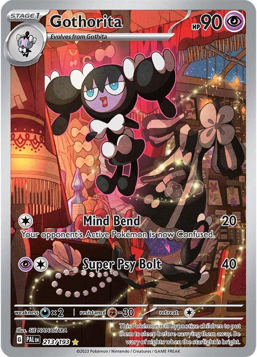 A Pokémon card featuring Gothorita, a Gothic-themed creature with black pigtails and white ribbons. With 90 HP and two attacks, "Mind Bend" and "Super Psy Bolt," this Gothorita (213/193) [Scarlet & Violet: Paldea Evolved] card is illustrated by NANAHARA, showing Gothorita in a lavish, crimson-themed room with a large bow-adorned window.