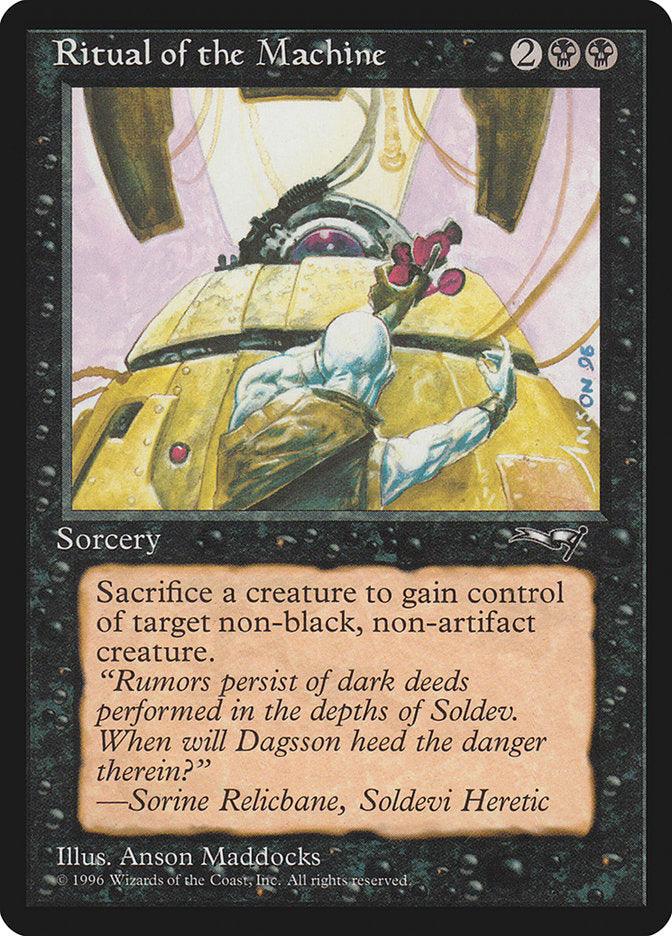 The Magic: The Gathering card "Ritual of the Machine [Alliances]" portrays a figure in white robes using a complex machine with a large sphere. This rare black sorcery card includes abilities and flavor text suggesting dark deeds and control power.