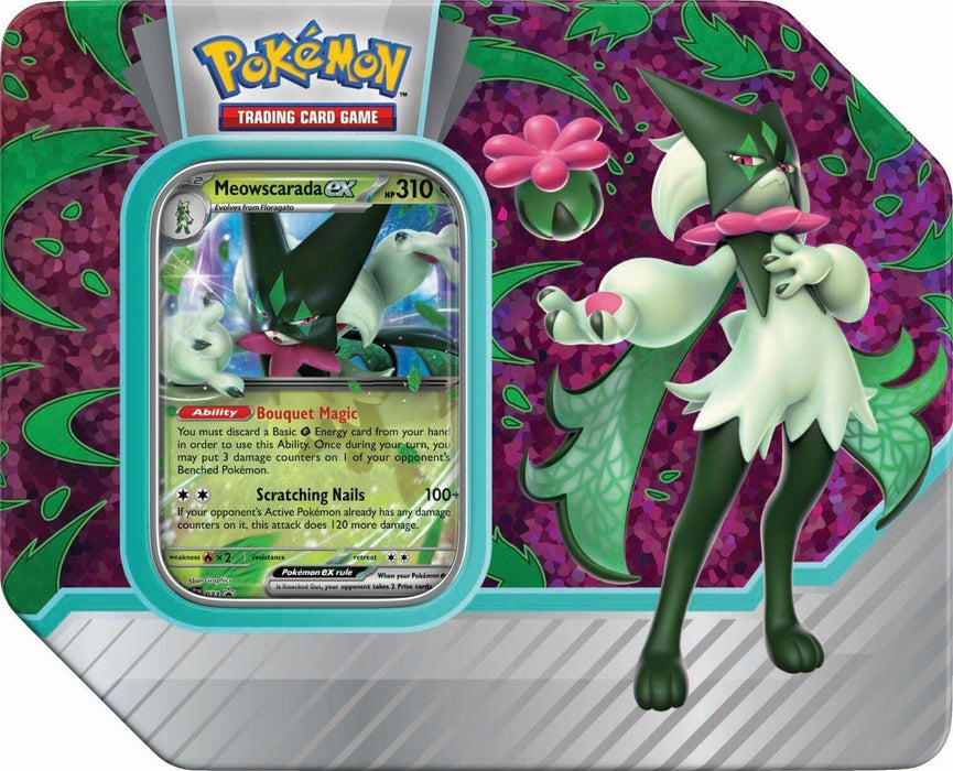 A Pokémon Paldea Partners Tin (Meowscarada ex) featuring Meowscarada EX. The tin shows the Meowscarada EX card on the left side and a larger, detailed illustration of Meowscarada on the right. The background includes floral and leaf designs, enhancing the nature theme of the character.