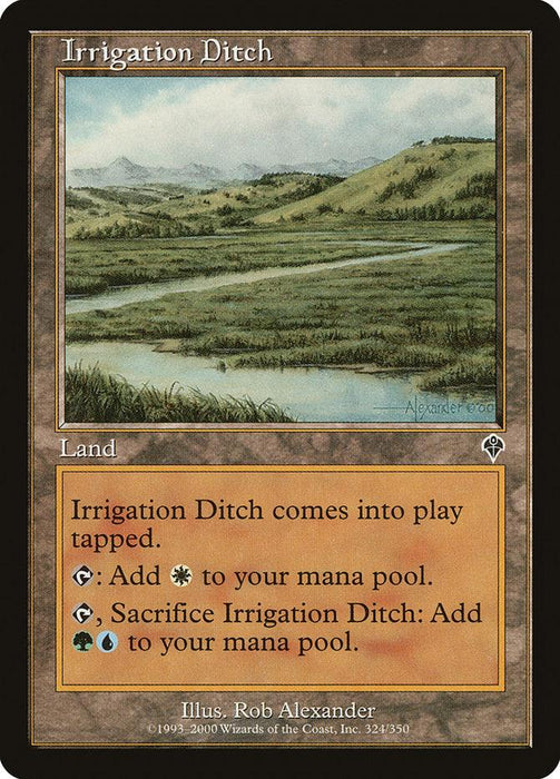A Magic: The Gathering card titled "Irrigation Ditch [Invasion]" from the Invasion series. It’s a land card showcasing a lush, grassy landscape with rolling hills and a meandering waterway. The card text reads: "Irrigation Ditch comes into play tapped. Tap: Add white or blue mana. Tap and sacrifice: Add white and blue mana.