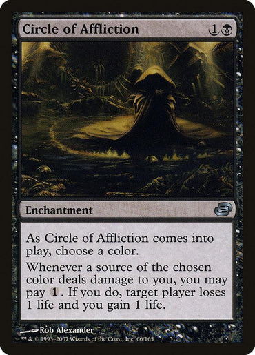 Circle of Affliction [Planar Chaos]" is an Enchantment card from Magic: The Gathering. Costing 1 black mana and 1 generic mana, it features art of a hooded figure in an ominous, dark setting. The card allows players to choose a color and gain life when taking damage of that color.