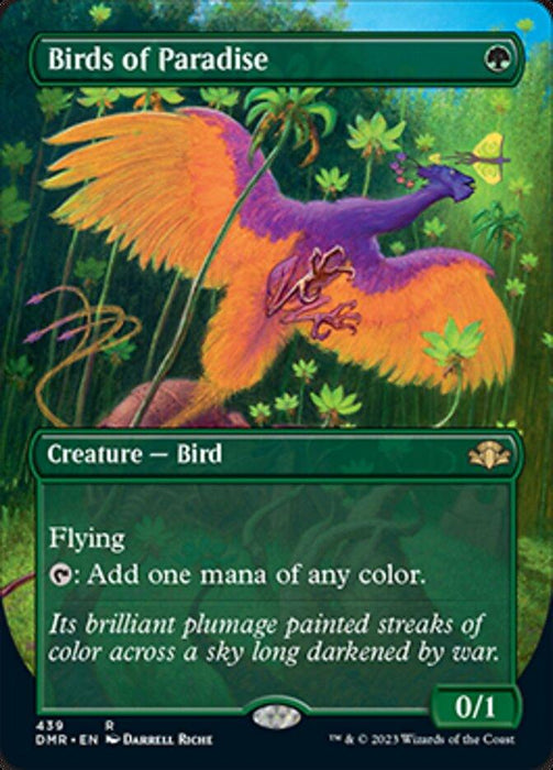 A Magic: The Gathering card titled "Birds of Paradise (Borderless Alternate Art) [Dominaria Remastered]." This Creature — Bird, depicted with vibrant plumage in shades of orange, purple, and green, is perched in a lush jungle. It has the ability to generate mana of any color. Part of the Dominaria Remastered set, its border is green with game information.