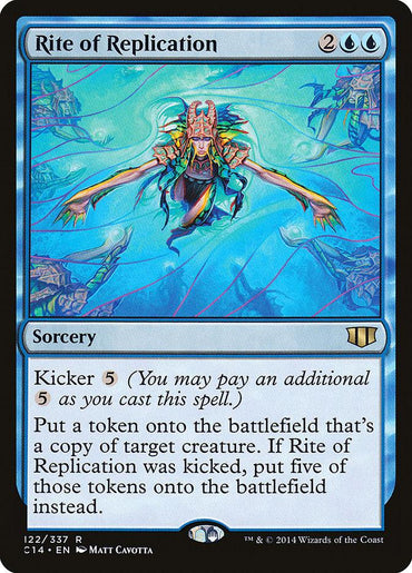 A Rite of Replication [Commander 2014] Magic: The Gathering card. It features an underwater scene with a blue-green squid-like creature. This sorcery has a kicker ability, allowing extra payment to summon multiple tokens. The border is black, with the card number and artist listed at the bottom.