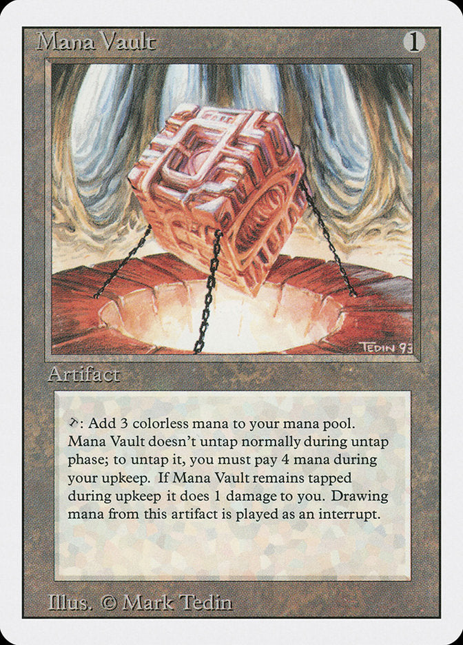 A "Magic: The Gathering" card named "Mana Vault [Revised Edition]" costs 1 mana to play and features an artifact that can add 3 colorless mana but doesn't untap normally. The illustration by Mark Tedin depicts a chained, glowing vault with text detailing its abilities and drawbacks.