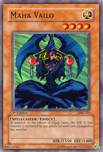 The Maha Vailo [MRL-012] Super Rare card from Yu-Gi-Oh! features an effect monster with 1550 ATK and 1400 DEF. The spellcaster, adorned in ornate robes and seated cross-legged with red orbs, is a striking part of the 1st Edition, especially when equipped.