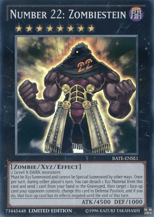 A Yu-Gi-Oh! trading card named "Number 22: Zombiestein [RATE-ENSE1] Super Rare." The Xyz Effect Monster depicts a muscular, headless figure with "22" on its chest, adorned in dark clothing with chains. This Super Rare card boasts 4500 ATK and 1000 DEF. It is a limited edition with the code 73445448.