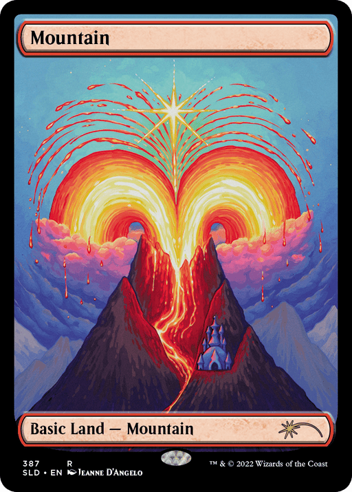 A Magic: The Gathering card titled "Mountain (387) [Secret Lair Drop Series]," depicting a vivid volcanic landscape. This Basic Land features two active volcanoes erupting with red hot lava, forming a heart shape in the sky. A winding lava flow cascades down the central mountain, and a small structure is nestled at its base.