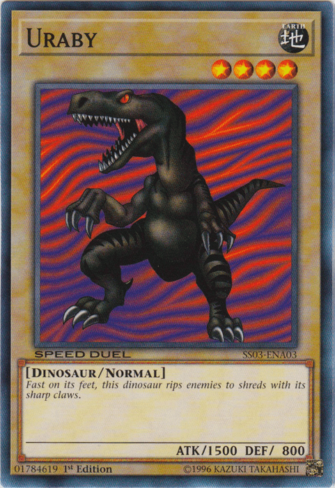The image depicts the Yu-Gi-Oh! card "Uraby [SS03-ENA03] Common," a Speed Duel Normal Monster. The card features a dark dinosaur with red eyes, sharp teeth, and claws against a purple and red swirling background. As one of the Ultimate Predators, it has an ATK of 1500 and DEF of 800. The card is labeled "DINOSAUR/NORMAL" with four
