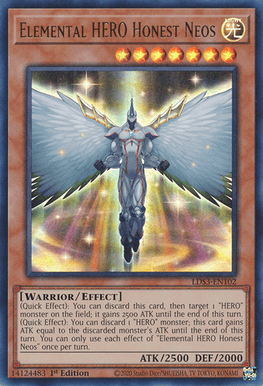 A Yu-Gi-Oh! trading card titled "Elemental HERO Honest Neos [LDS3-EN102] Ultra Rare" from Legendary Duelists: Season 3 features a winged humanoid figure with glowing blue eyes, white armor with gold accents, and large, radiant wings spread wide. This Effect Monster has ATK 2500 and DEF 2000, accompanied by detailed text describing two unique effects for gameplay.