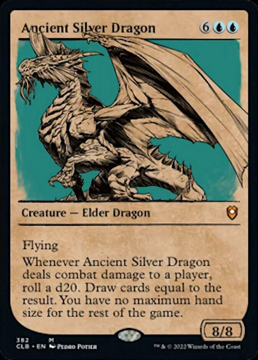 The Mythic Magic: The Gathering card "Ancient Silver Dragon (Showcase) [Commander Legends: Battle for Baldur's Gate]" is a majestic Elder Dragon with intricate silver scales and wings spread wide. It features text: "Flying. Whenever Ancient Silver Dragon deals combat damage to a player, roll a d20. Draw cards equal to the result." Part of the Commander Legends: Battle for Baldur's Gate set.