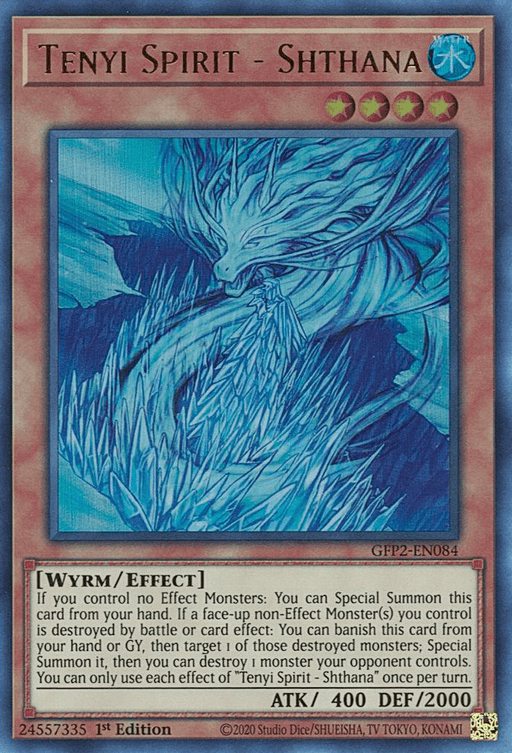 The image showcases a Tenyi Spirit - Shthana [GFP2-EN084] Ultra Rare Yu-Gi-Oh! trading card, highlighting an ethereal, dragon-like creature in blue hues. This Effect Monster belongs to the "Wyrm/Effect" type with attack points of 400 and defense points of 2000. Text details the card's special summoning effects.