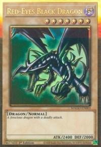 The image shows a "Red-Eyes Black Dragon [MAGO-EN003] Gold Rare" Yu-Gi-Oh! trading card, featured as a Gold Rare in the Maximum Gold series. The dragon is depicted with a dark, metallic body and sharp claws, set against a green, fiery background. As a Level 7 Dragon/Normal Monster, it boasts 2400 attack points and 2000 defense points.