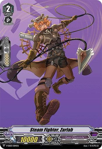 A trading card from the 2020 Demo Deck showcases Steam Fighter, Zarlab (V-SD03/004EN) [2020 Demo Deck "Gear Chronicle"], a character from the Gear Chronicle clan within the Dark Zone nation in Cardfight!! Vanguard by Bushiroad. Zarlab is a steampunk warrior with goggles, leather boots, and a cogwheel-adorned backpack, mid-action with a large gear-powered weapon. The card has 10000 power and 1 critical.
