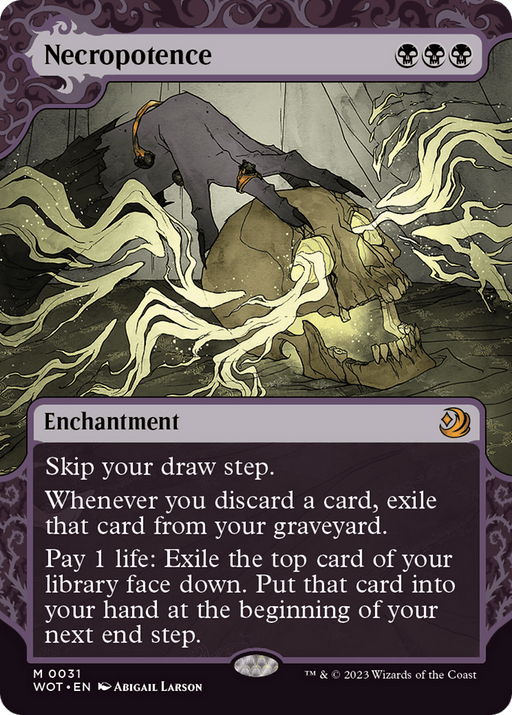 This image features a Magic: The Gathering card named "Necropotence [Wilds of Eldraine: Enchanting Tales]." This mythic card from the Wilds of Eldraine set has a purple border with skulls and an eerie landscape, showing skeletal hands pouring wisps of light into a giant skull's eyes. The text details its enchantment abilities, including skipping draw steps and exiling discarded cards.