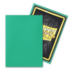 A TCG card sleeve reveals a trading card partly out of its plain green cover. The visible portion of the card's back showcases a black textured design with a prominent yellow "DRAGON SHIELD" emblem. This Arcane Tinmen Dragon Shield: Standard 100ct Sleeves - Aurora (Matte) ensures your valuable cards are both protected and stylishly displayed.