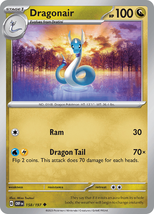 A Pokémon trading card from the Scarlet & Violet: Obsidian Flames set featuring the uncommon Dragonair. This dragon-like Pokémon gracefully floats above a reflective body of water, with a colorful sky and thin trees in the background. The card showcases Dragonair's 100 HP, moves "Ram" and "Dragon Tail", along with its weight and height. The product is identified as Dragonair (158/197) [Scarlet & Violet: Obsidian Flames] by the brand Pokémon.