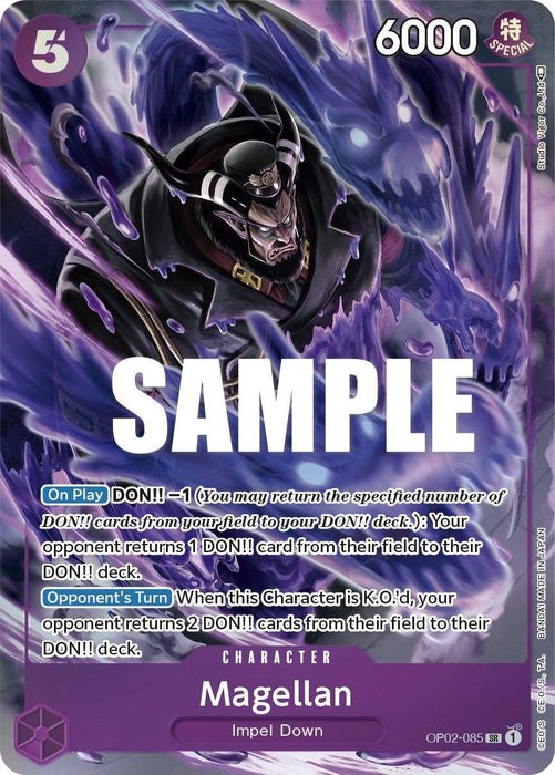 A Bandai One Piece trading card featuring the character Magellan from the Impel Down set, presented as a Super Rare. It has a purple and black color scheme, with card text outlining various abilities, including returning DON!! cards from the field to the deck and returning 2 DON!! cards upon knockout.