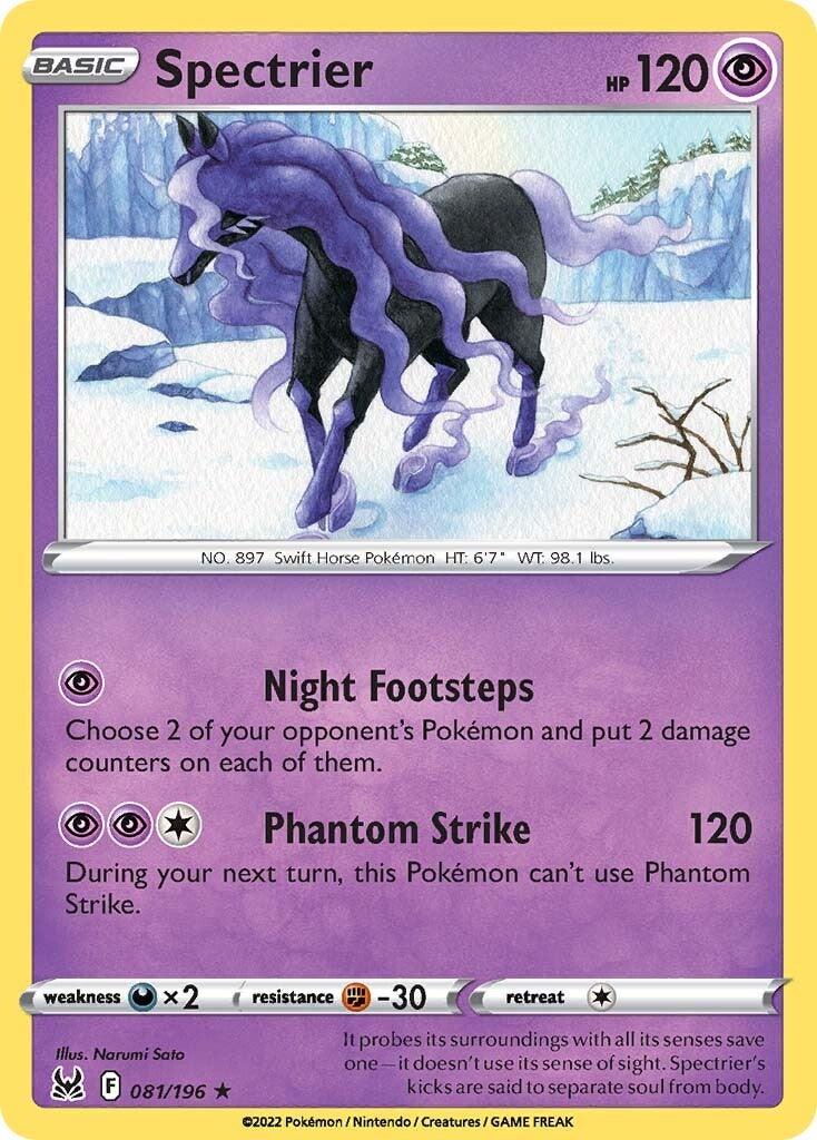 A Pokémon trading card of Spectrier (081/196) [Sword & Shield: Lost Origin], a Basic, Psychic-type Pokémon from the Sword & Shield series. The card illustration shows a mystical black horse with purple highlights and an ethereal blue mane and tail. This Holo Rare card has 120 HP and features two attacks: 