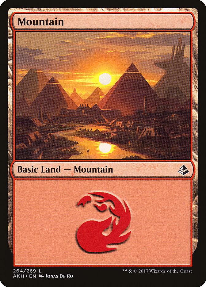 A Magic: The Gathering card titled "Mountain (264) [Amonkhet]." It showcases a sunset-lit landscape with pyramids and a river in the foreground, perfectly capturing the essence of Amonkhet. As a Basic Land card, it is artistically bordered in red with a fire symbol at the bottom.