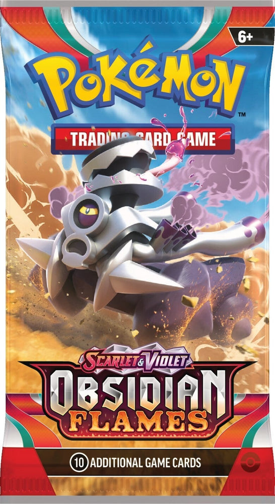 The "Scarlet & Violet: Obsidian Flames" Pokémon booster pack shows a mechanical dinosaur-like creature with smoke against a fiery backdrop, similar to Charizard ex. It includes 10 game cards and is suitable for ages 6 and up.