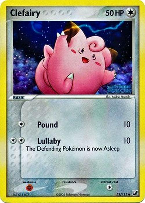 A Clefairy (53/115) (Stamped) [EX: Unseen Forces] card from Pokémon with 50 HP. The card features a cheerful pink, round creature with pointed ears against a cosmic background. As a common Colorless type, it lists two moves: Pound (10 damage) and Lullaby (10 damage, puts the defending Pokémon to sleep).