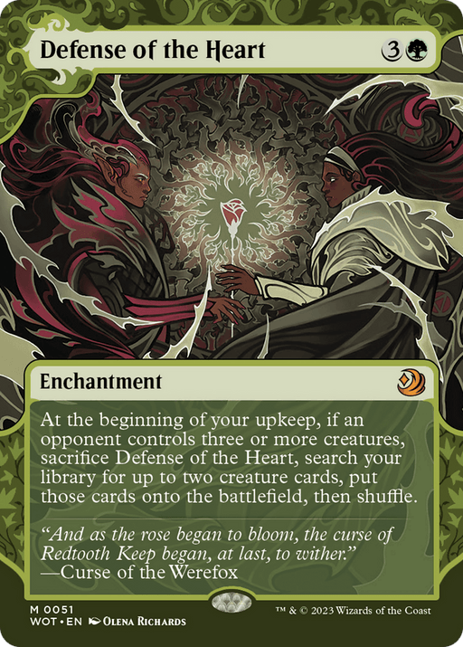 Magic: The Gathering card titled "Defense of the Heart [Wilds of Eldraine: Enchanting Tales]." It depicts two robed figures holding a glowing, heart-shaped object. The card's border and background are green with elaborate plant designs. Text details the card's abilities and flavor text from "Curse of the Werefox," part of the Mythic Enchantment series.