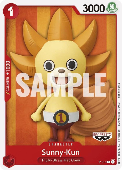 The promo character card features Sunny-Kun, a yellow, lion-like figure with a big, spiky mane and a red headband marked with the number "1". The Sunny-Kun (One Piece Film Red) [One Piece Promotion Cards] shows "Sunny-Kun" at the bottom with "FILM/Straw Hat Crew" below. The card displays power values and logos, including "Bandai" and "3000 WIS.