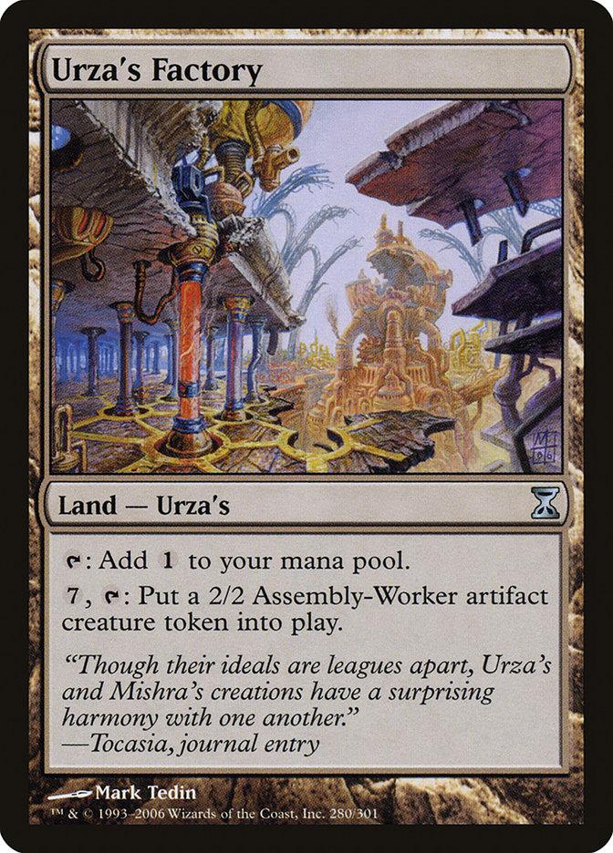 A Magic: The Gathering card titled Urza's Factory [Time Spiral], part of the Time Spiral set. It depicts a fantastical factory interior with intricate machinery and glowing elements. The card allows adding one mana or creating a 2/2 Assembly-Worker creature token. Text at the bottom includes a quote from Tocasia's journal.