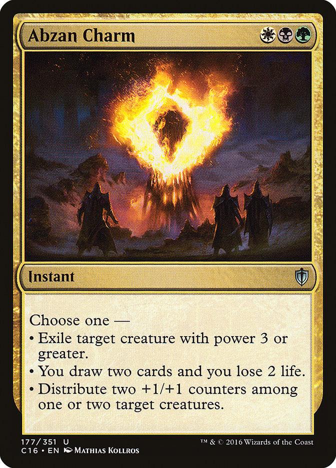 A Magic: The Gathering card named "Abzan Charm [Commander 2016]." Its border is tan and black, and the card type is "Instant." The card art depicts robed figures before a fiery, diamond-shaped energy. The text reads: "Choose one – Exile target creature with power 3 or greater; You draw two cards and you lose 2 life; Distribute two +1/+1 counters.