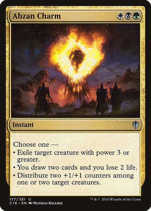 A Magic: The Gathering card named "Abzan Charm [Commander 2016]." Its border is tan and black, and the card type is "Instant." The card art depicts robed figures before a fiery, diamond-shaped energy. The text reads: "Choose one – Exile target creature with power 3 or greater; You draw two cards and you lose 2 life; Distribute two +1/+1 counters.