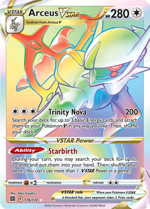 A Pokémon trading card featuring Arceus VSTAR (176/172) [Sword & Shield: Brilliant Stars] from the Pokémon set. The card shows Arceus, a majestic, deer-like, Colorless Pokémon with a gray body, golden wheel around its torso, and green eyes. Its moves include "Trinity Nova" and "Starbirth." It has 280 HP and is a Secret Rare with a holographic gradient background.
