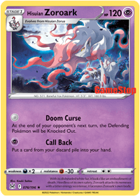 A Pokémon Hisuian Zoroark (076/196) (GameStop) [Sword & Shield: Lost Origin] trading card featuring Hisuian Zoroark from the Sword & Shield: Lost Origin series with 120 HP. The Stage 1 card evolves from Hisuian Zorua and has two moves: Doom Curse and Call Back. Displaying a purple background with a spooky forest scene, it also features a GameStop logo.